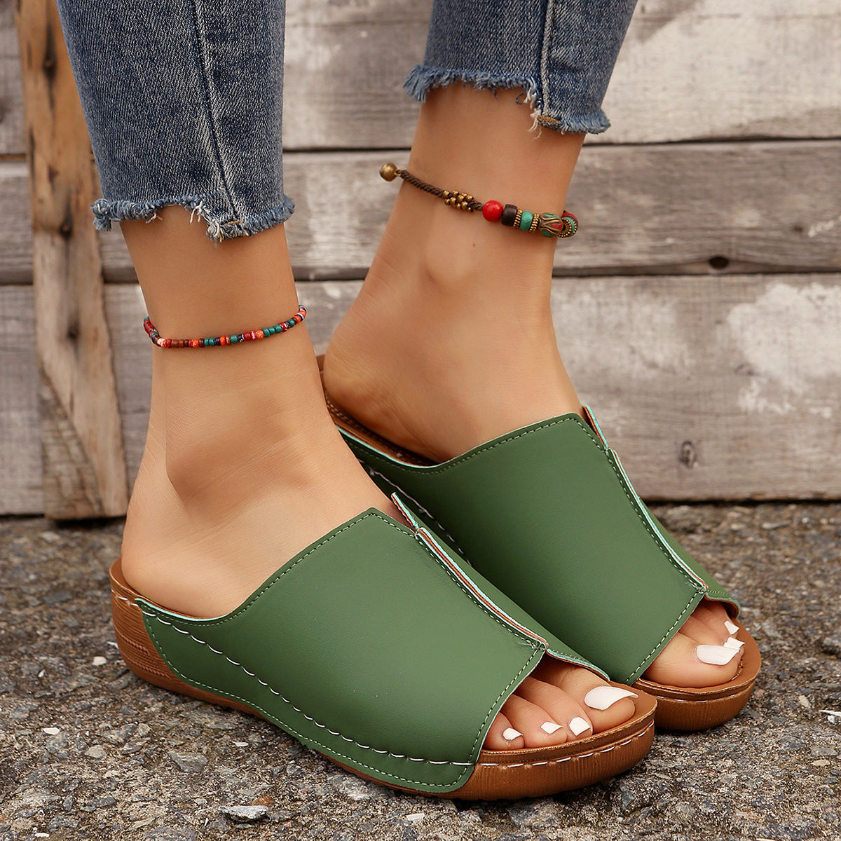 LUXE CHIC Fashion Solid Wedges Sandals Summer Casual Peep-toe Slippers Outdoor Thick Sole Heightening Slides Shoes Women