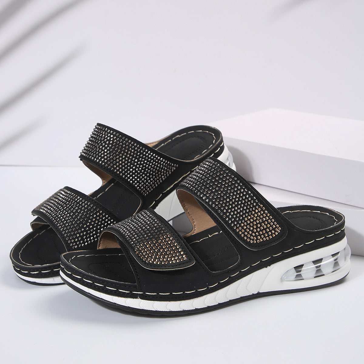 LUXE CHIC New Air Cushion Wedges Sandals Summer Casual Rhinestone Slides Roman Sandals For Women Non-slip Beach Shoes