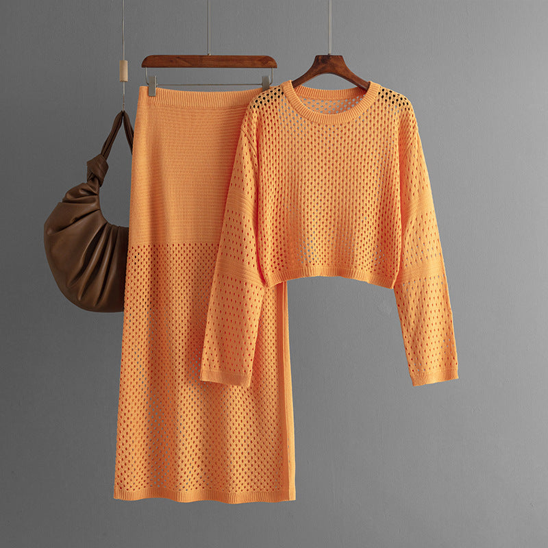 LUXE CHIC Women's Hollow Sweater Long Skirt Fashion