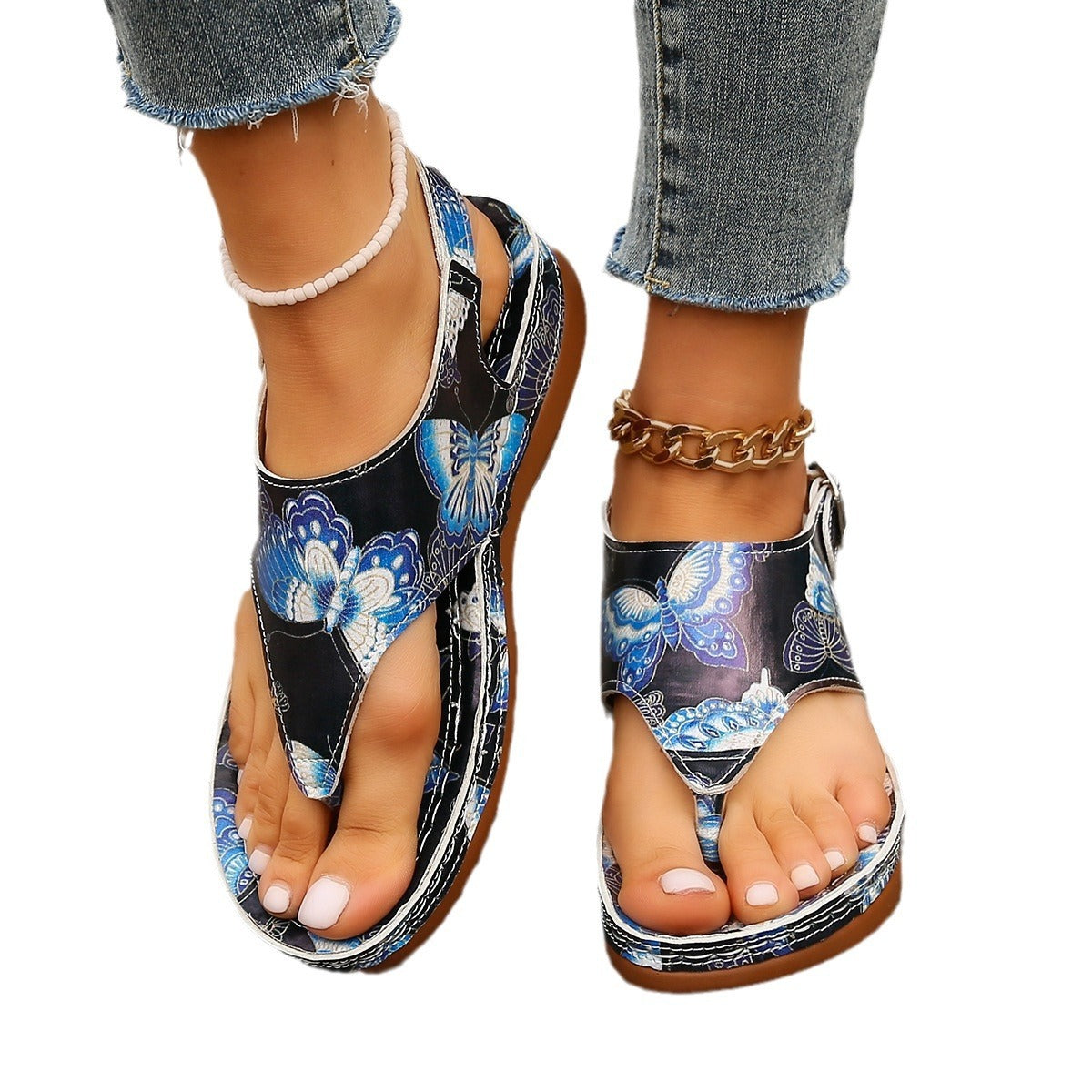 LUXE CHIC Women's Fashion Casual Flower Back Buckle Wedge Sandals