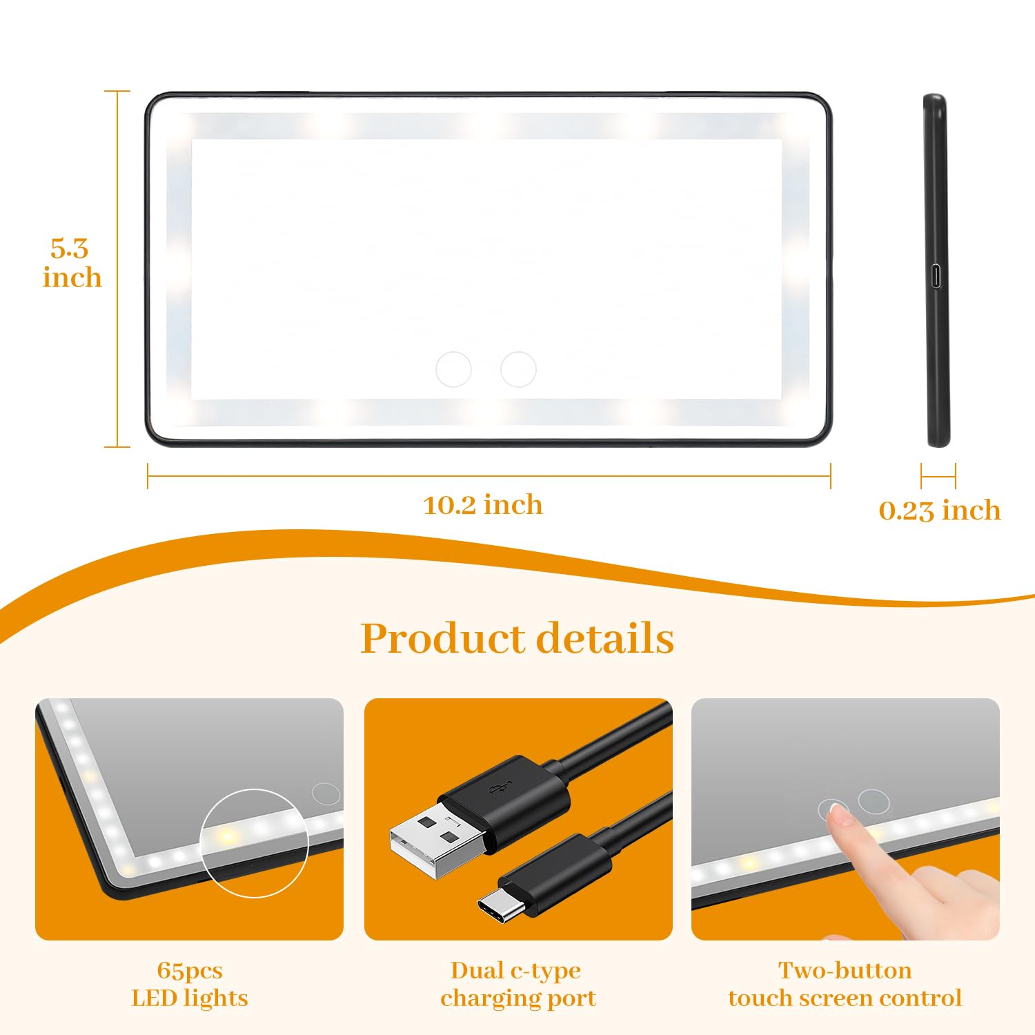 Car Visor Vanity Mirror with Lights, Rechargeable 3 Light Mode Sunshade Built-in Lithium Battery Suitable for All Cars