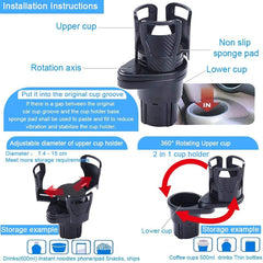 HOTLIST CART CAR CUP HOLDER Multi-Functional Dual Car Cup Holder, 360° Rotating Adjustable Cup Holder