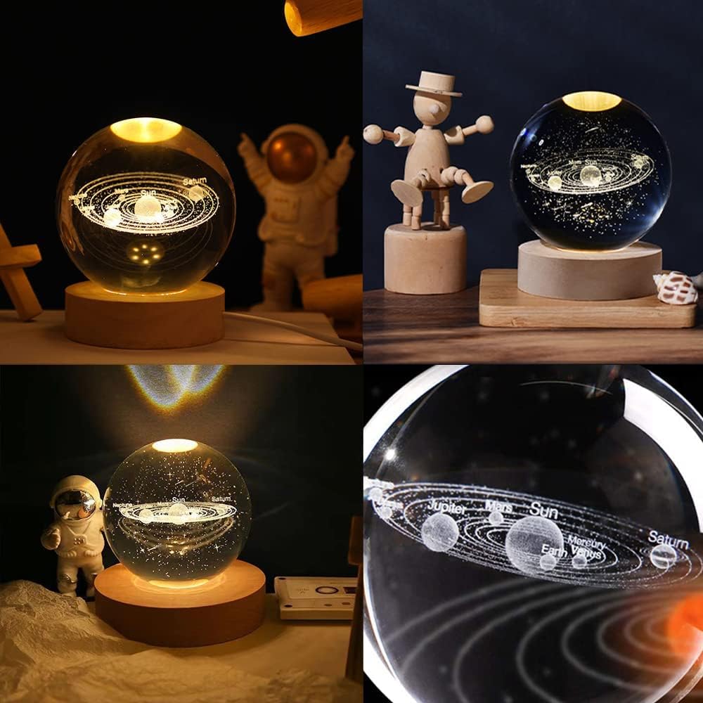 3D Galaxy Crystal Ball Night Lamp, Solar System Crystal Ball Night Light, USB Powered 2.4 Inch Wooden Base Galaxy Glass Ball Night Light Lamp