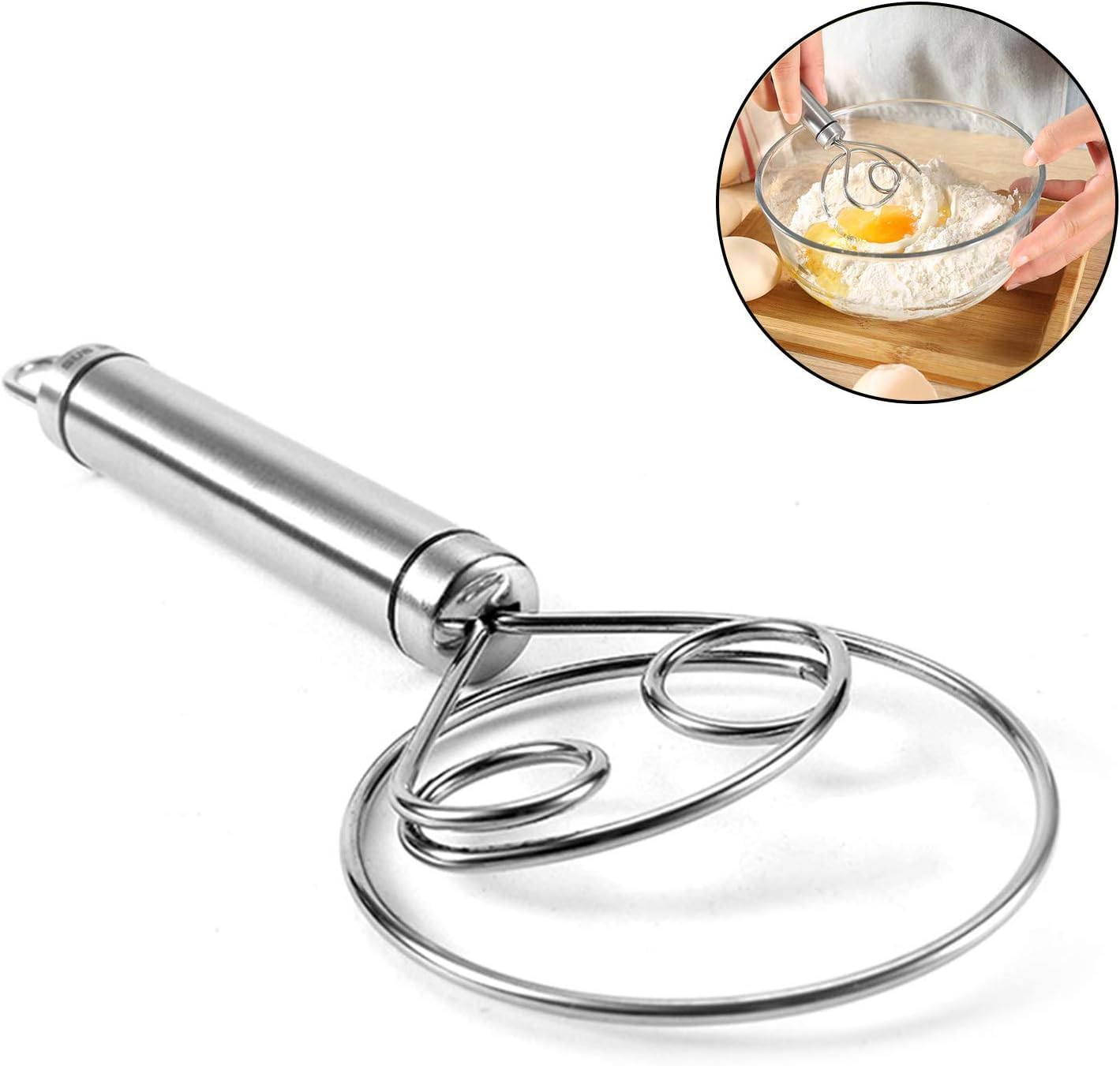 HOTLIST CART Stainless Steel Bread mixing tool, 7.5 inch Dough Whisk Manual Non-Slip Heat Resistant,Dough Mixer Hand Tool for Bread