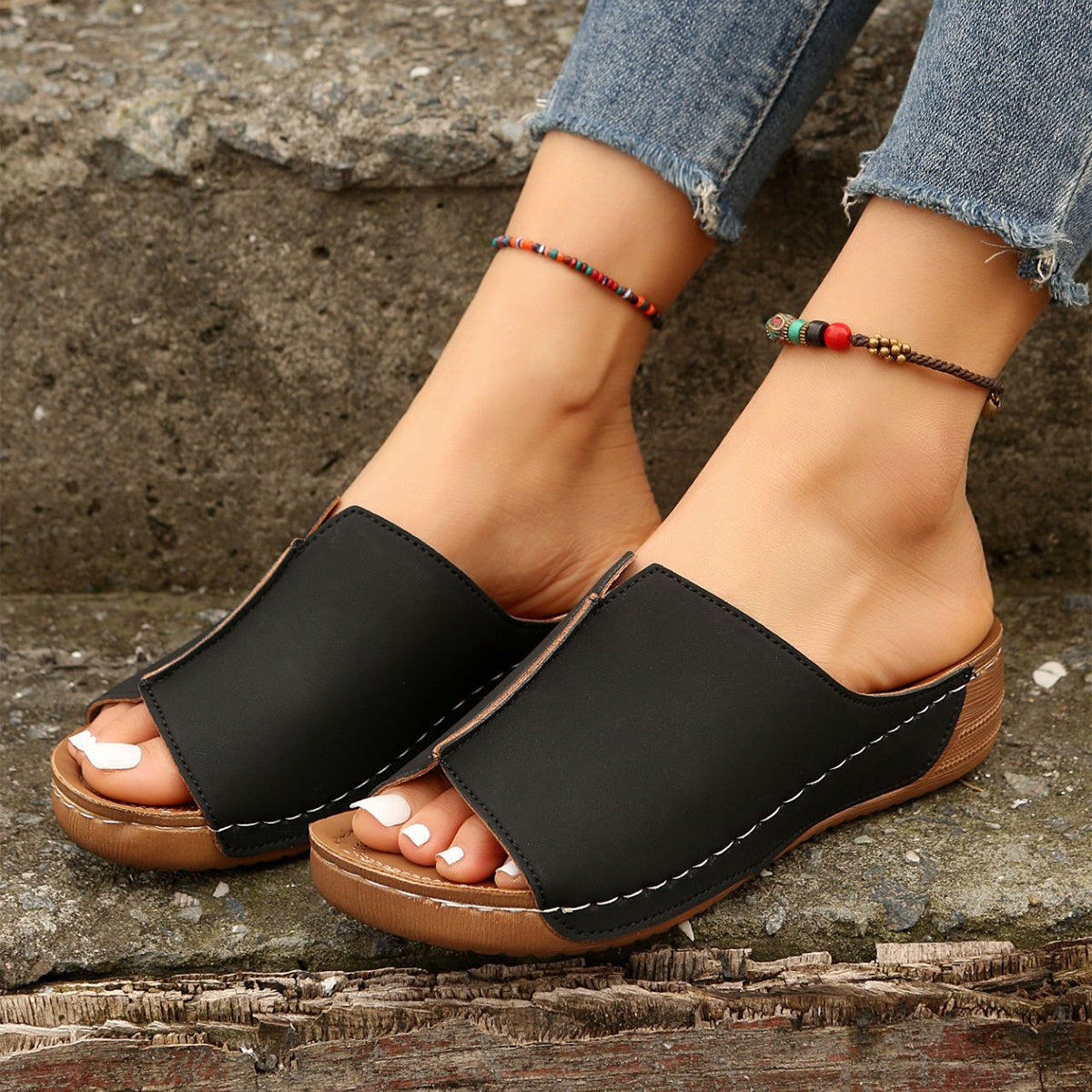 LUXE CHIC Fashion Solid Wedges Sandals Summer Casual Peep-toe Slippers Outdoor Thick Sole Heightening Slides Shoes Women