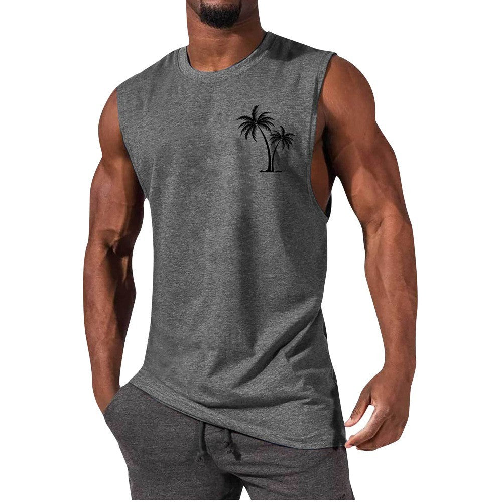 HOTLIST CART Coconut Tree Embroidery Vest Summer Beach Tank Tops Workout Muscle Men Sports Fitness T-shirt