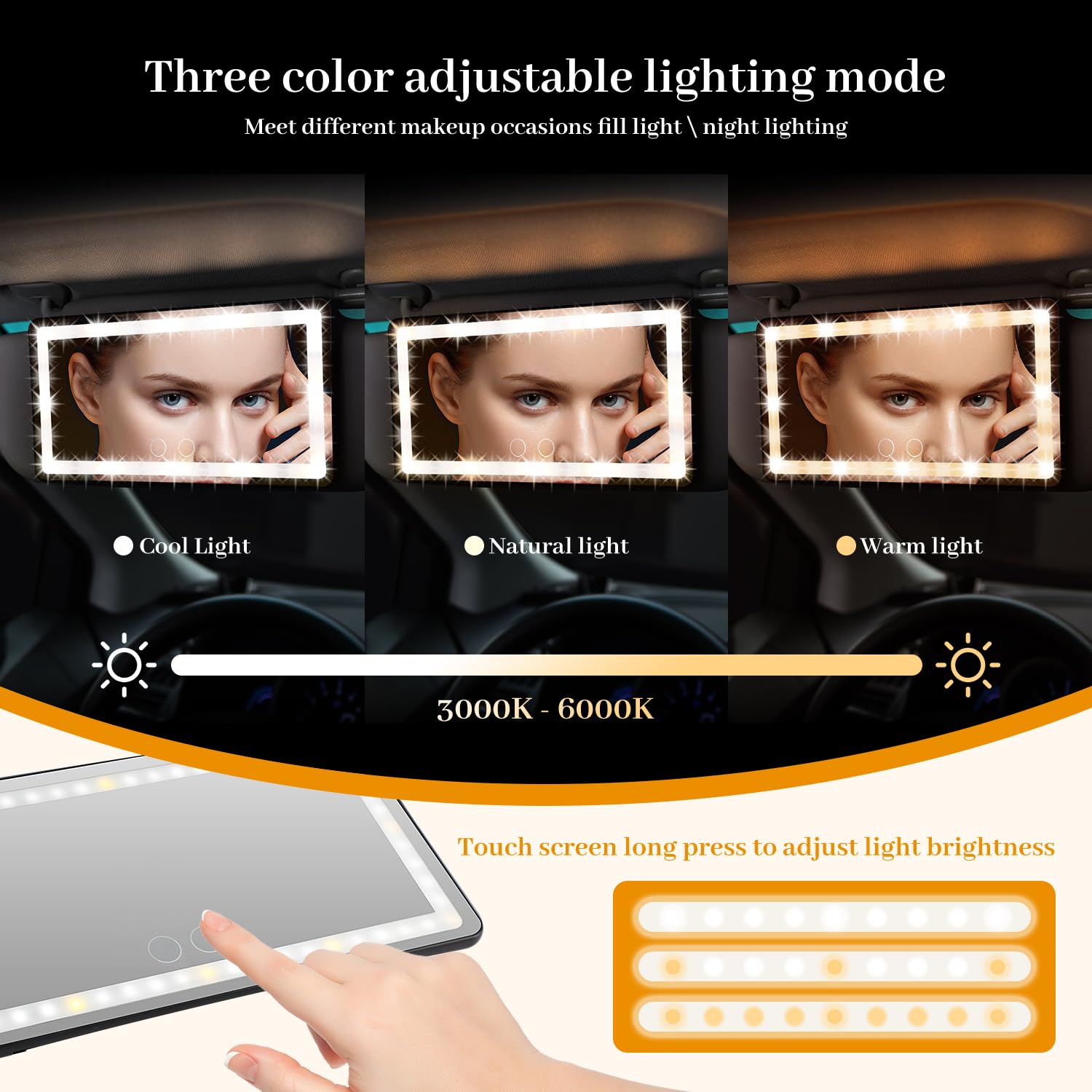 Car Visor Vanity Mirror with Lights, Rechargeable 3 Light Mode Sunshade Built-in Lithium Battery Suitable for All Cars