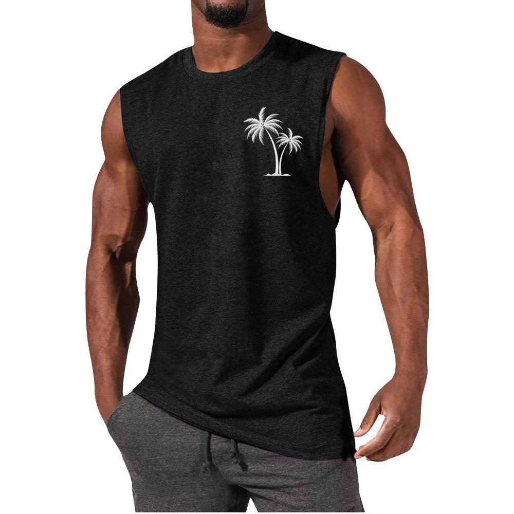 HOTLIST CART Coconut Tree Embroidery Vest Summer Beach Tank Tops Workout Muscle Men Sports Fitness T-shirt