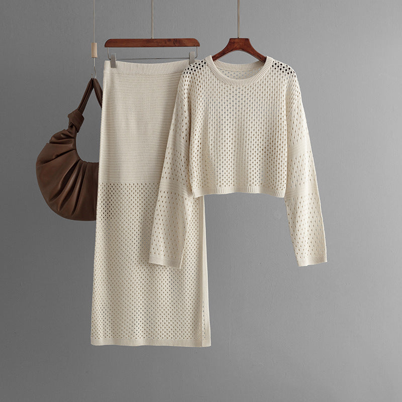 LUXE CHIC Women's Hollow Sweater Long Skirt Fashion
