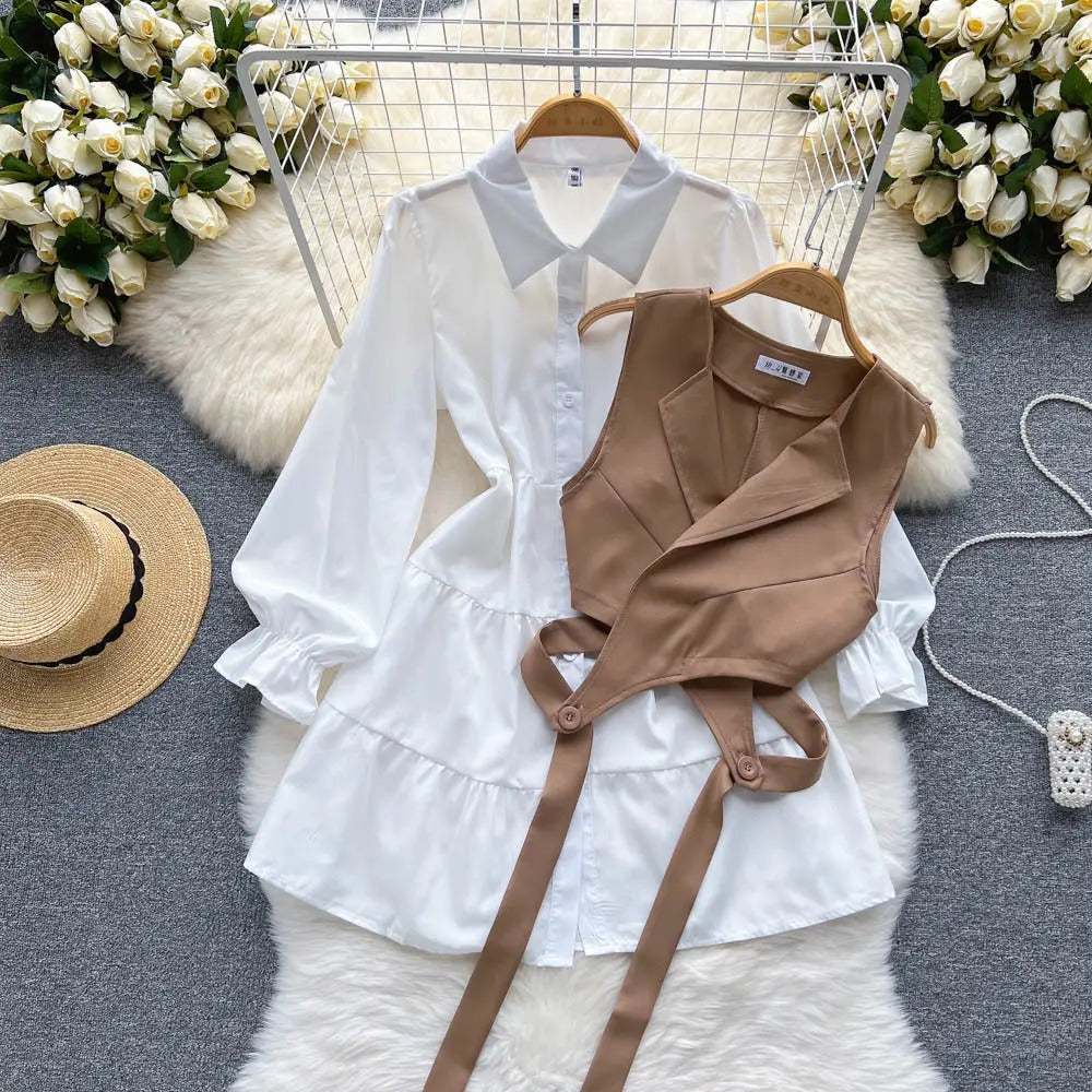 LUXE CHIC Fashion Casual Suit Female New Loose White Shirt Short Vest Two Piece
