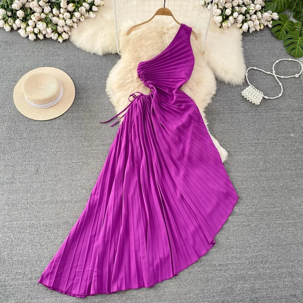 LUXE CHIC One Shoulder Hollow Print Flower Wrinkles Irregular Long Waist Waist Lace-Up Dress Holiday Beach Dress