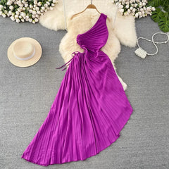 LUXE CHIC One Shoulder Hollow Print Flower Wrinkles Irregular Long Waist Waist Lace-Up Dress Holiday Beach Dress