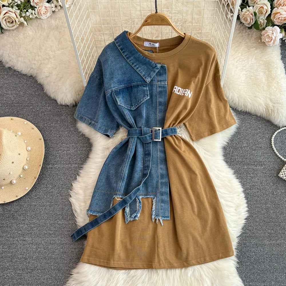 LUXE CHIC New Fashion Round Neck Color Blocking Denim Shirt Women Casual Long Tops T-Shirt Dresses