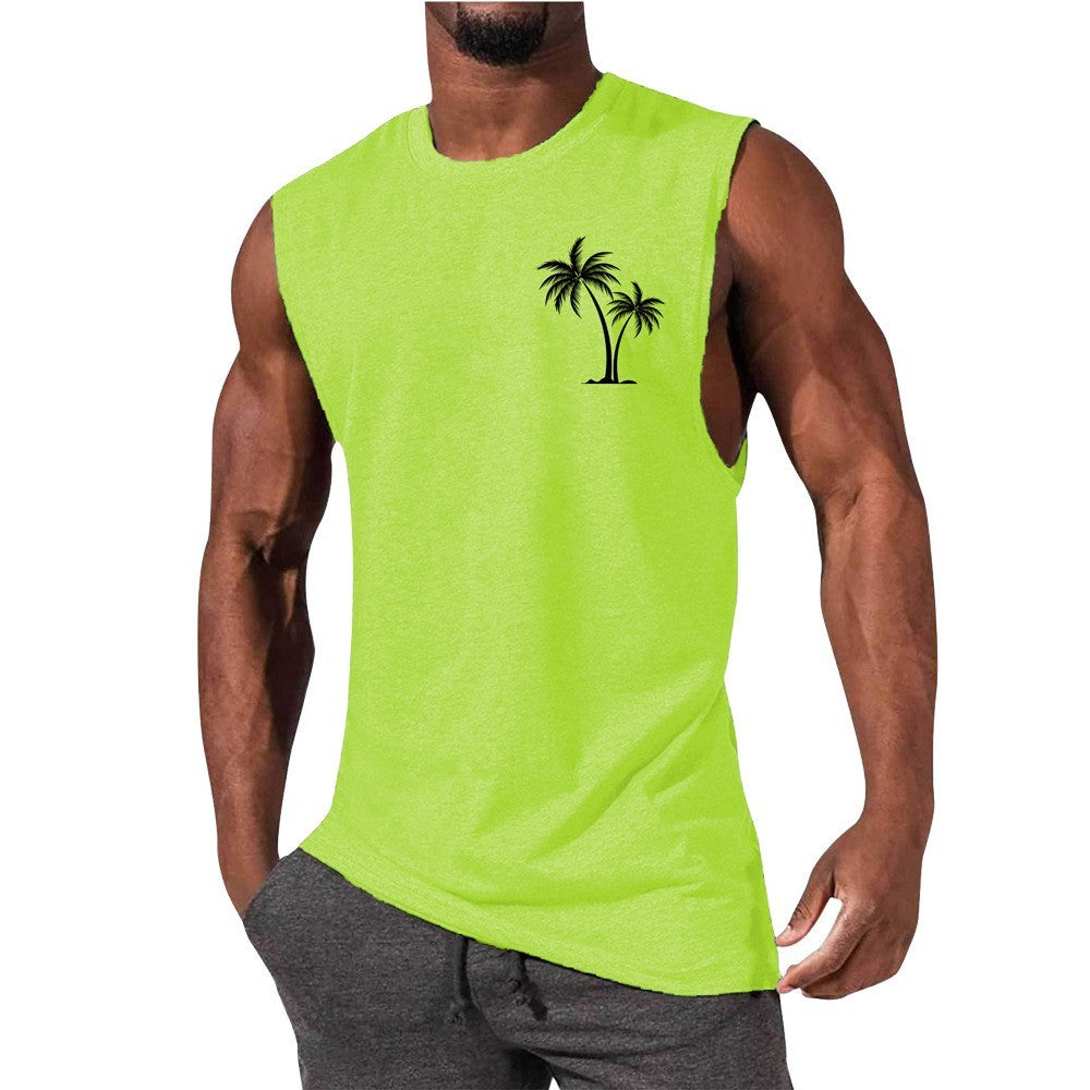 HOTLIST CART Coconut Tree Embroidery Vest Summer Beach Tank Tops Workout Muscle Men Sports Fitness T-shirt