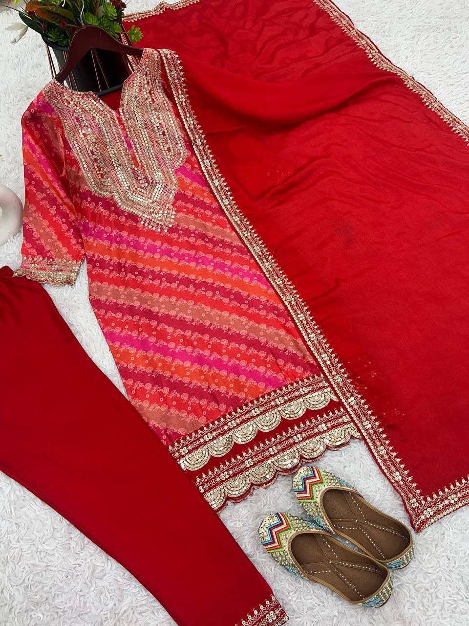 LUXE CHIC Pure Chinnon With Heavy Embroidery Sequence Top-Bottom And Dupatta Set